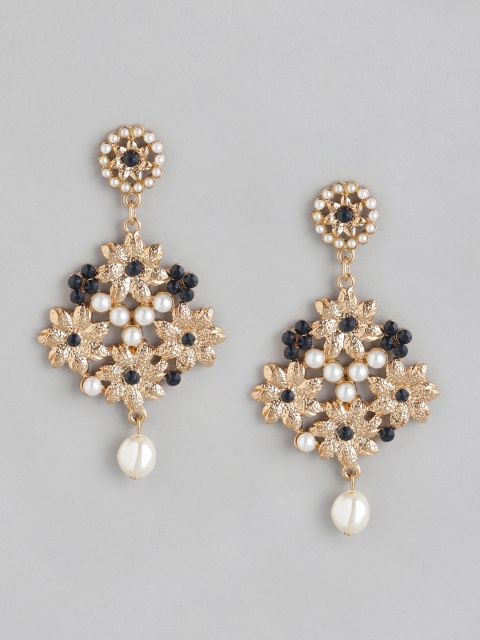 

Anouk Off-White & Black Gold-Plated Stone-Studded & Beaded Classic Drop Earrings