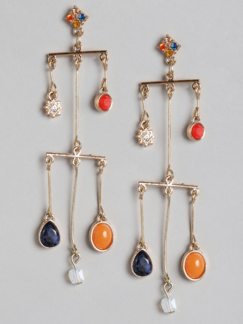 

DressBerry Navy Blue & Orange Gold-Plated Stone-Studded & Beaded Geometric Drop Earrings