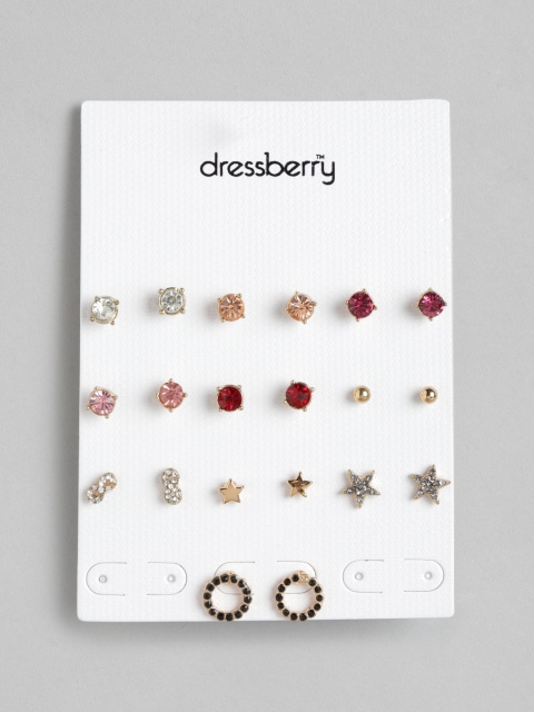 

DressBerry Set of 10 Gold-Plated Stone Studded Studs, Multi