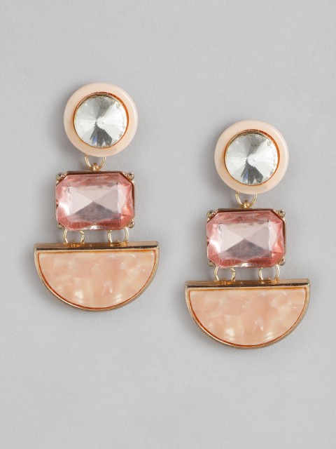

DressBerry Peach-Coloured Gold-Plated Stone Studded Crescent Shaped Drop Earrings
