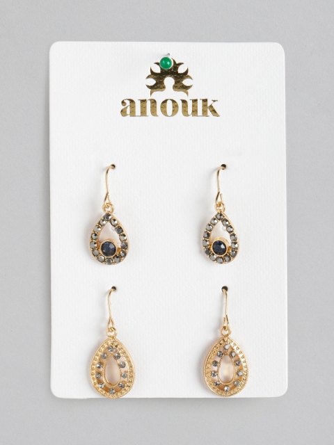 

Anouk Set of 2 Gold-Plated Teardrop Shaped Stone Studded Drop Earrings