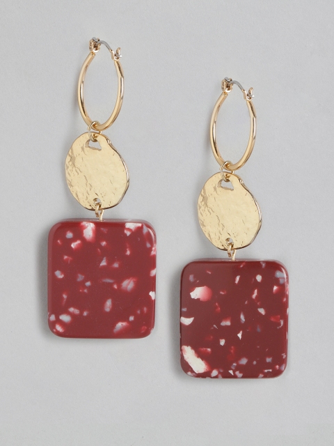 

DressBerry Maroon & White Gold-Plated Square Shaped Drop Earrings
