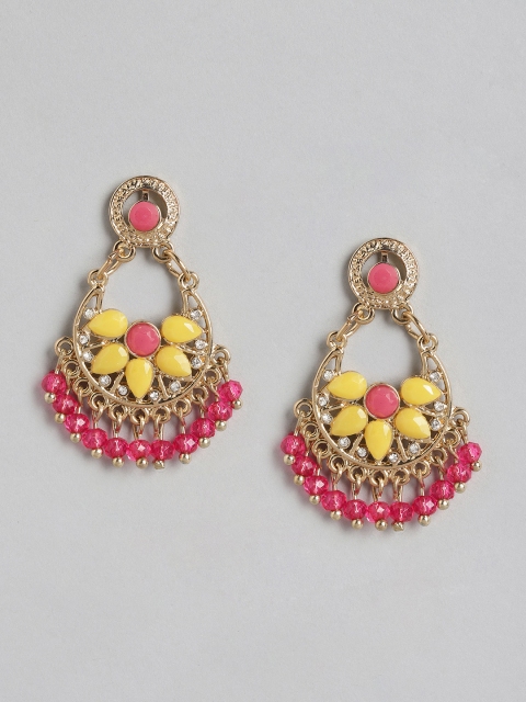 

Anouk Yellow & Pink Gold-Plated Stone-Studded & Beaded Crescent Shaped Chandbalis