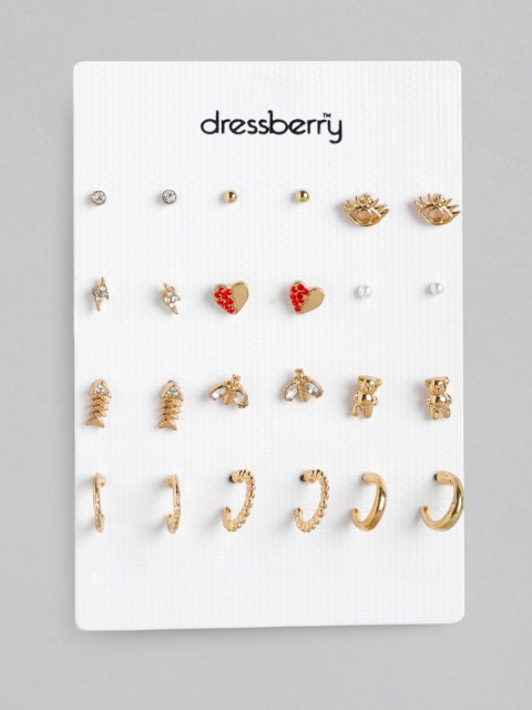 

DressBerry Set of 12 Gold-Plated Stone-Studded Earrings