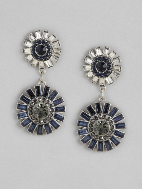 

DressBerry Navy Blue Silver-Plated Stone Studded Circular Drop Earrings