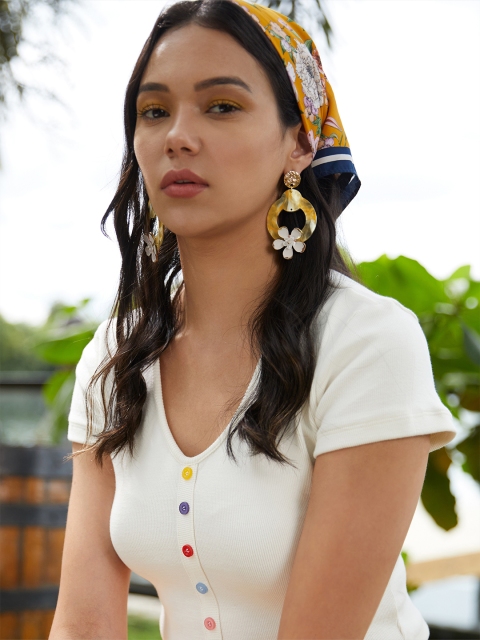 

DressBerry White & Beige Gold-Plated Floral Drop Earrings
