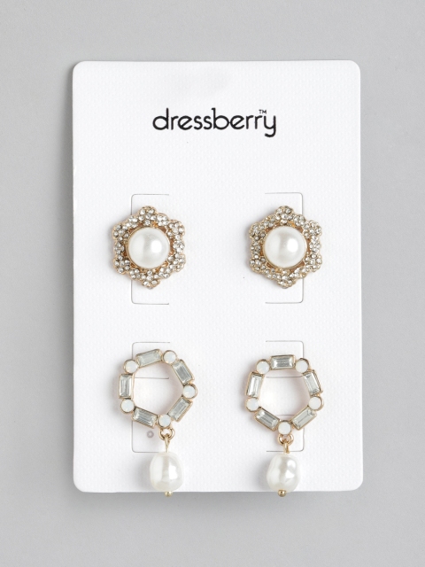 

DressBerry Set of 2 Off-White Gold-Plated Stone-Studded Beaded Earrings