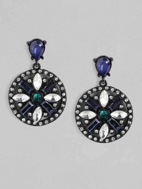 

DressBerry Black & Navy Blue Stone Studded Circular Drop Earrings