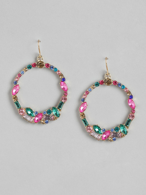 

DressBerry Green & Pink Gold-Plated Stone Studded Circular Hoop Earrings