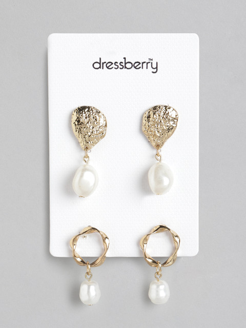 

DressBerry Set of 2 Off-White Gold-Plated Beaded Drop Earrings