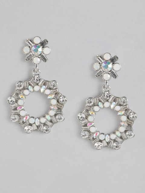 

DressBerry Silver-Toned & White Rhodium Plated Stone Studded Circular Drop Earrings