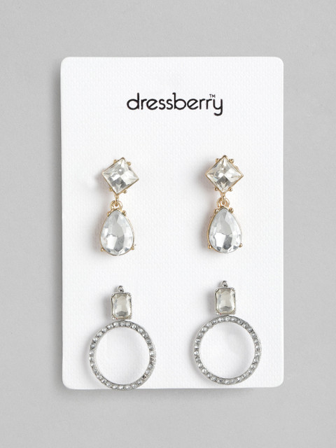 

DressBerry Set of 2 Stone Studded Drop Earrings, Silver