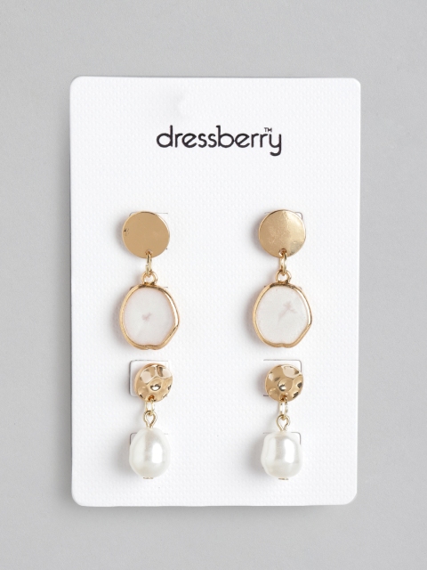 

DressBerry Set of 2 White Gold-Plated Stone Studded & Beaded Contemporary Drop Earrings