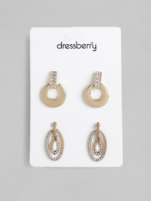 

DressBerry Set of 2 Gold-Plated Stone Studded Drop Earrings