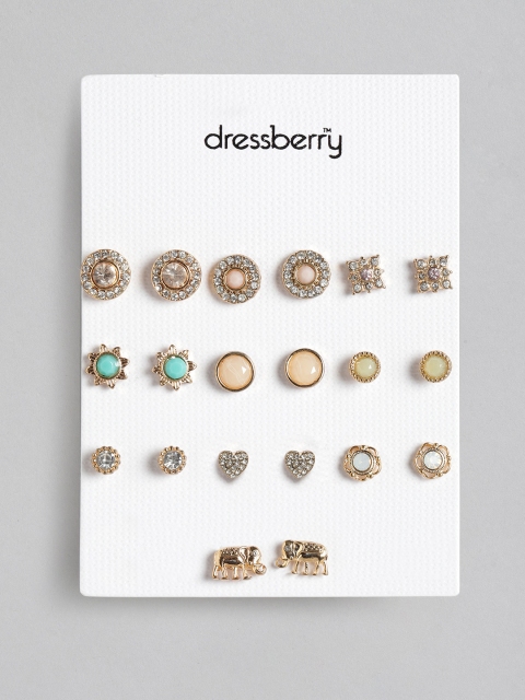 

DressBerry Set of 10 Gold-Plated Stone Studded Studs