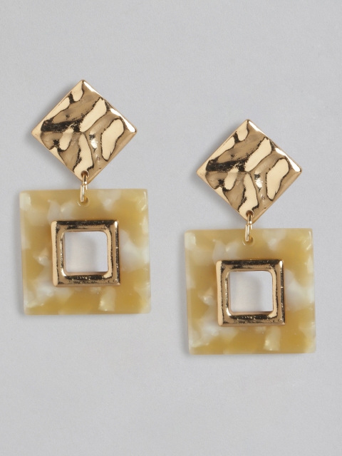 

DressBerry Beige Gold-Plated Hammered Effect Resin Square Drop Earrings