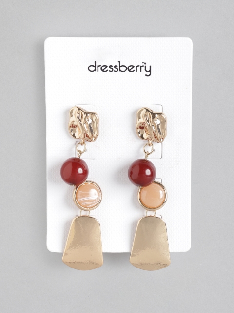 

DressBerry Set of 2 Gold-Toned & Maroon Enamelled & Beaded Contemporary Drop Earrings