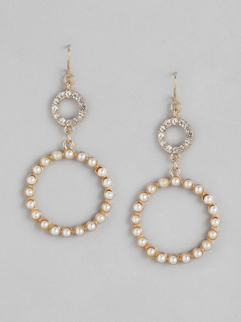

DressBerry White Gold-Plated Beaded & Stone Studded Circular Drop Earrings