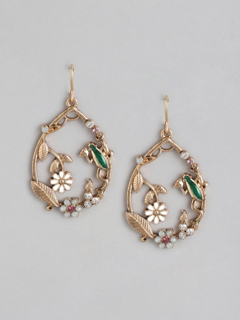 

Anouk Green Gold-Plated Stone Studded & Beaded Enamelled Teardrop Shaped Drop Earring