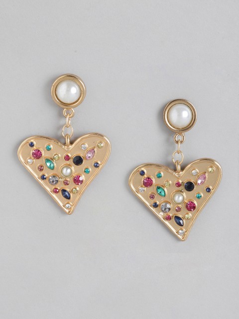

DressBerry Pink Gold-Plated Crystal Studded Heart Shaped Drop Earrings