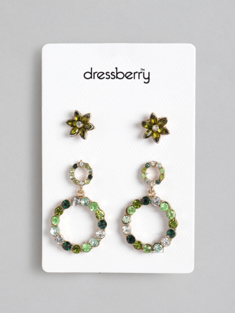 

DressBerry Women Set of 2 Gold-Plated Stone Studded Earrings, Green