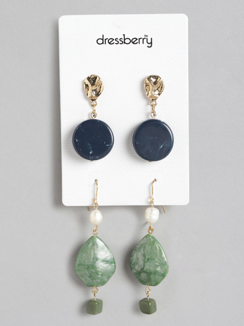

DressBerry Set of 2 Gold-Plated Stone Studded & Beaded Drop Earrings, Green