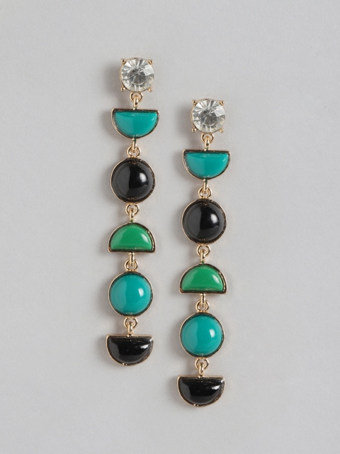 

DressBerry Green Black Gold-Plated Geometric Stone Studded Drop Earrings