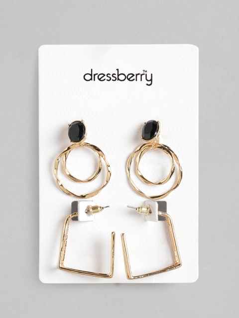 

DressBerry Set of 2 Black Gold-Plated Stone Studded Geometric Earrings