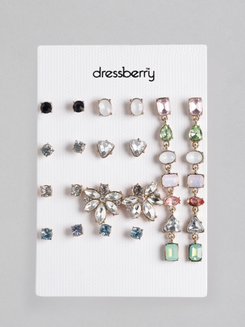 

DressBerry Set of 9 Gold-Plated Stone Studded Earrings, Multi