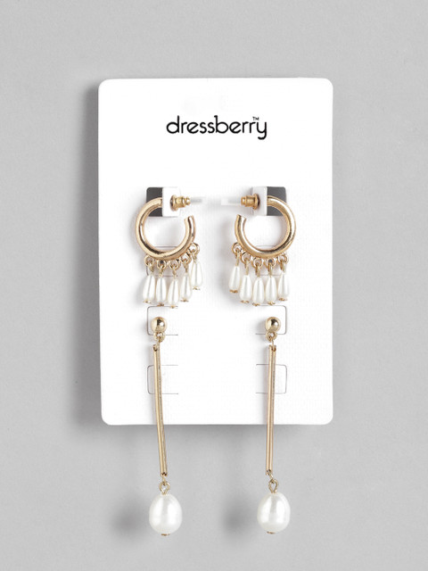 

DressBerry Set of 2 Gold-Plated & Off White Classic Drop Earrings
