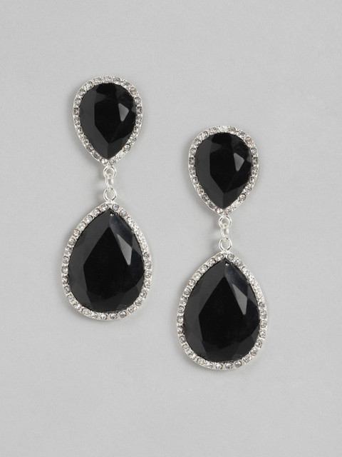 

DressBerry Black Silver-Plated Stone Studded Teardrop Shaped Drop Earrings
