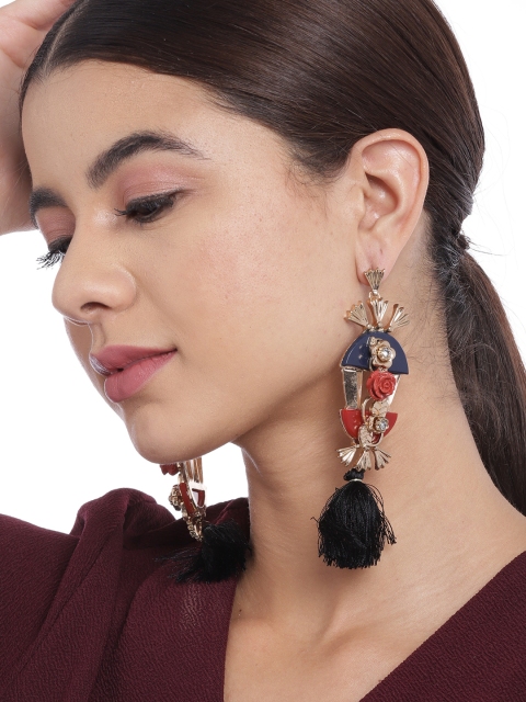 

DressBerry Navy Blue & Maroon Gold-Plated Stone Studded Tassel Contemporary Drop Earrings