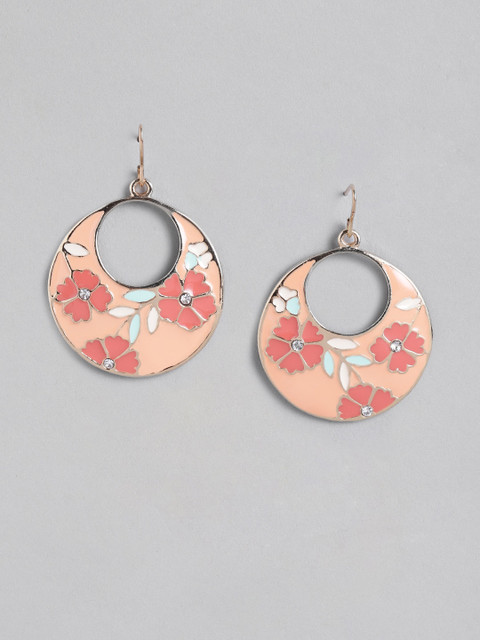 

DressBerry Peach-Coloured & White Gold-Plated Studded Floral Enamelled Drop Earrings