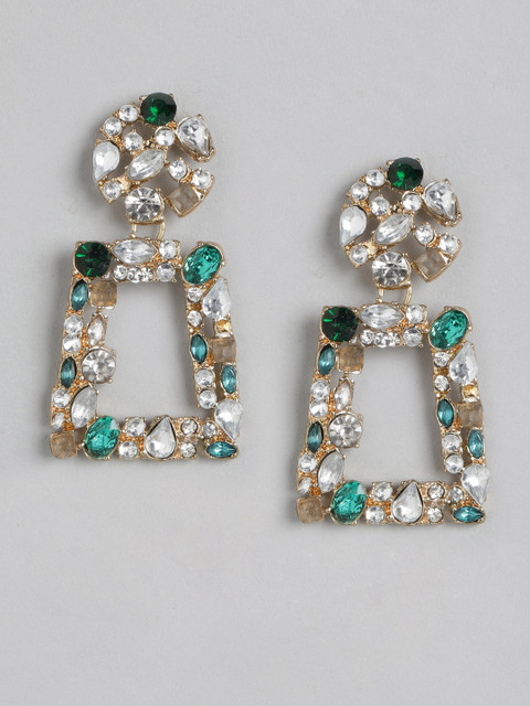 

DressBerry Green Gold-Plated Stone-Studded Geometric Drop Earrings