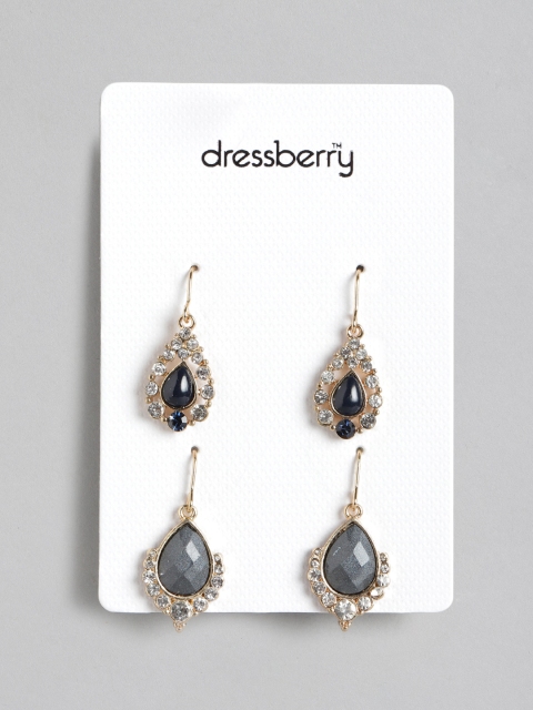 

DressBerry Set of 2 Gold-Plated Stone Studded Classic Drop Earrings