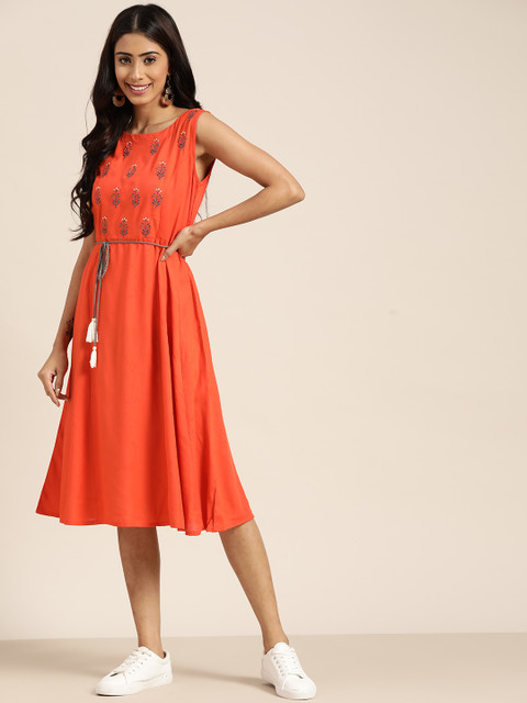 

Sangria Orange & Blue Ethnic Motifs Embroidered Ethnic A-Line Dress
