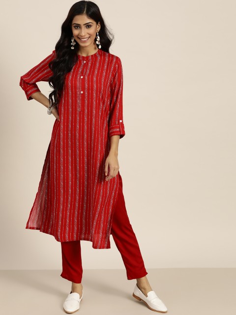 

Sangria Women Red Striped Print Regular Kurta with Trousers