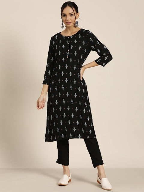 

Sangria Women Black Ethnic Motifs Printed Kurta with Trousers
