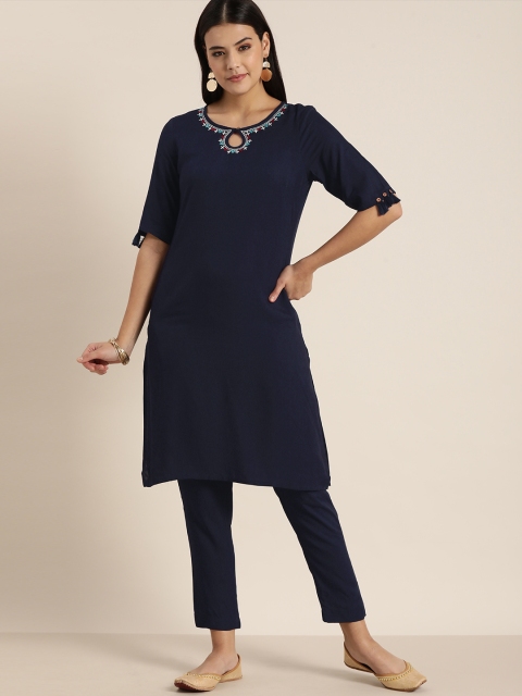 

Sangria Women Navy Blue Ethnic Motifs Yoke Design Thread Work Kurta with Trousers