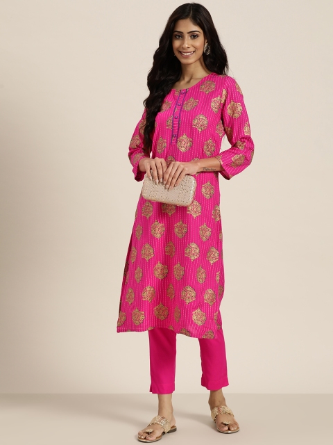 

Sangria Women Pink & Golden Ethnic Motifs Printed Kurta with Trousers