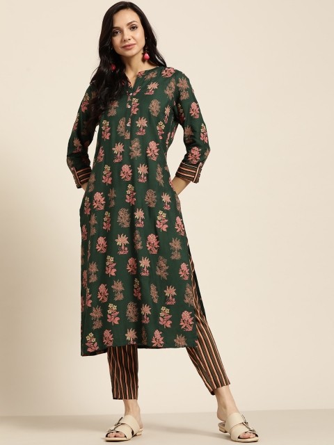 

Sangria Women Green& Pink Ethnic Motifs Printed Kurta with Trousers