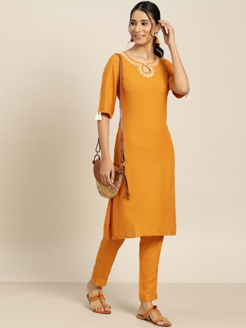 

Sangria Women Mustard Yellow Thread Work Kurta with Trousers