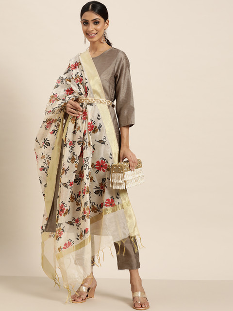 

Sangria Women Taupe & Cream-Coloured Solid Kurta, Trousers & Floral Print Dupatta