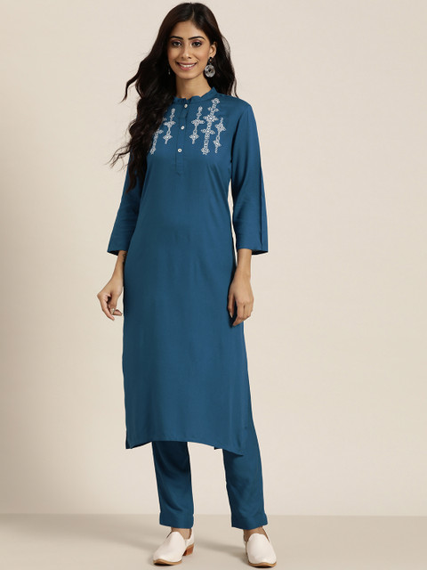 

Sangria Women Blue Ethnic Motifs Yoke Design Kurta with Trousers