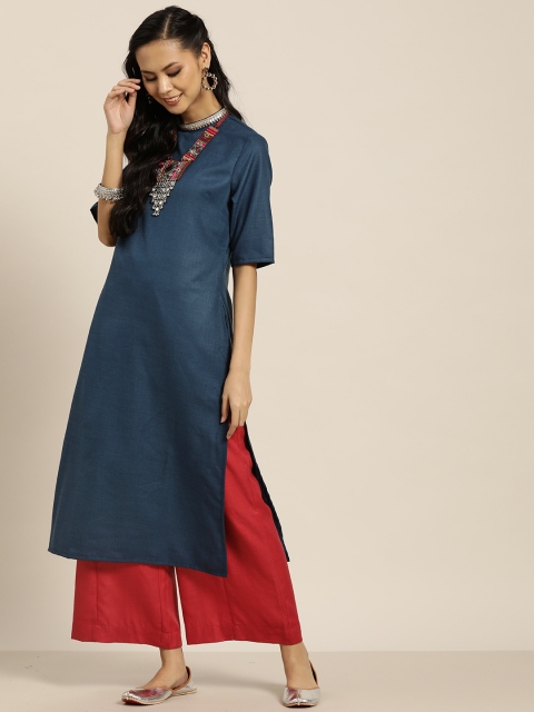 

Sangria Women Navy Blue & Red Thread Work Straight Kurta with Palazzos