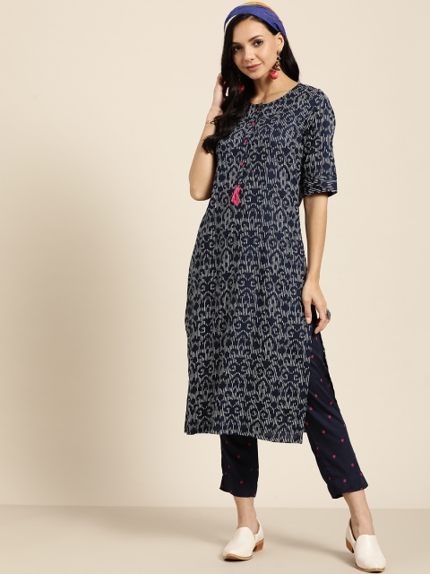 

Sangria Women Navy Blue & White Printed Regular Kurta with Trousers