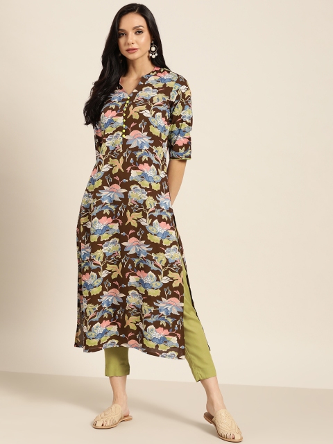 

Sangria Women Brown & Green Floral Printed Regular Kurta with Trousers