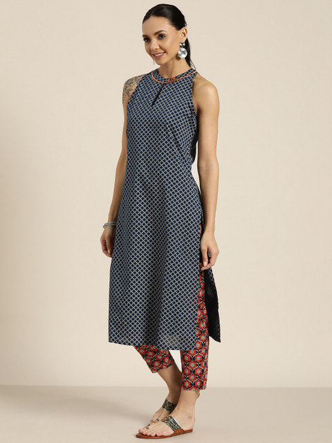 

Sangria Women Navy Blue & Rust Brown Printed Pure Cotton Kurta with Trousers