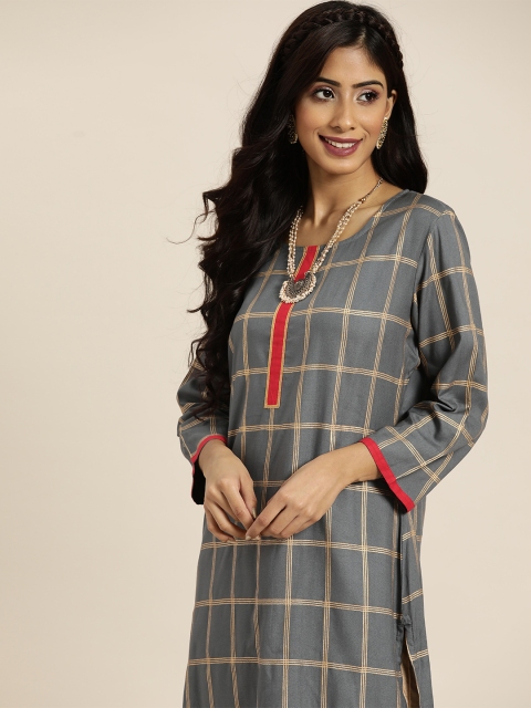 

Sangria Women Grey & Golden Checked Straight Kurta