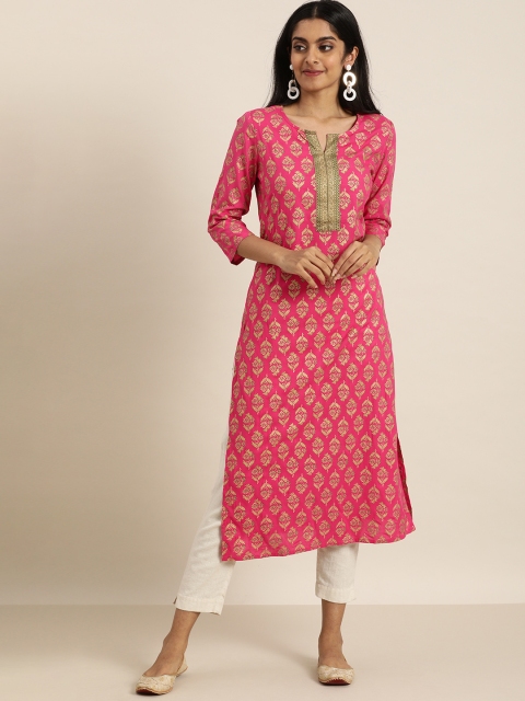 

Sangria Women Coral & Gold-Toned Ethnic Motifs Printed Kurta